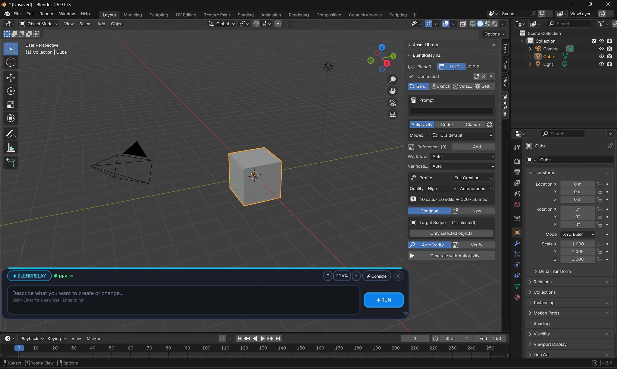 BlendRelay interface in the Blender viewport showing prompt, agent, generation profile and target controls
