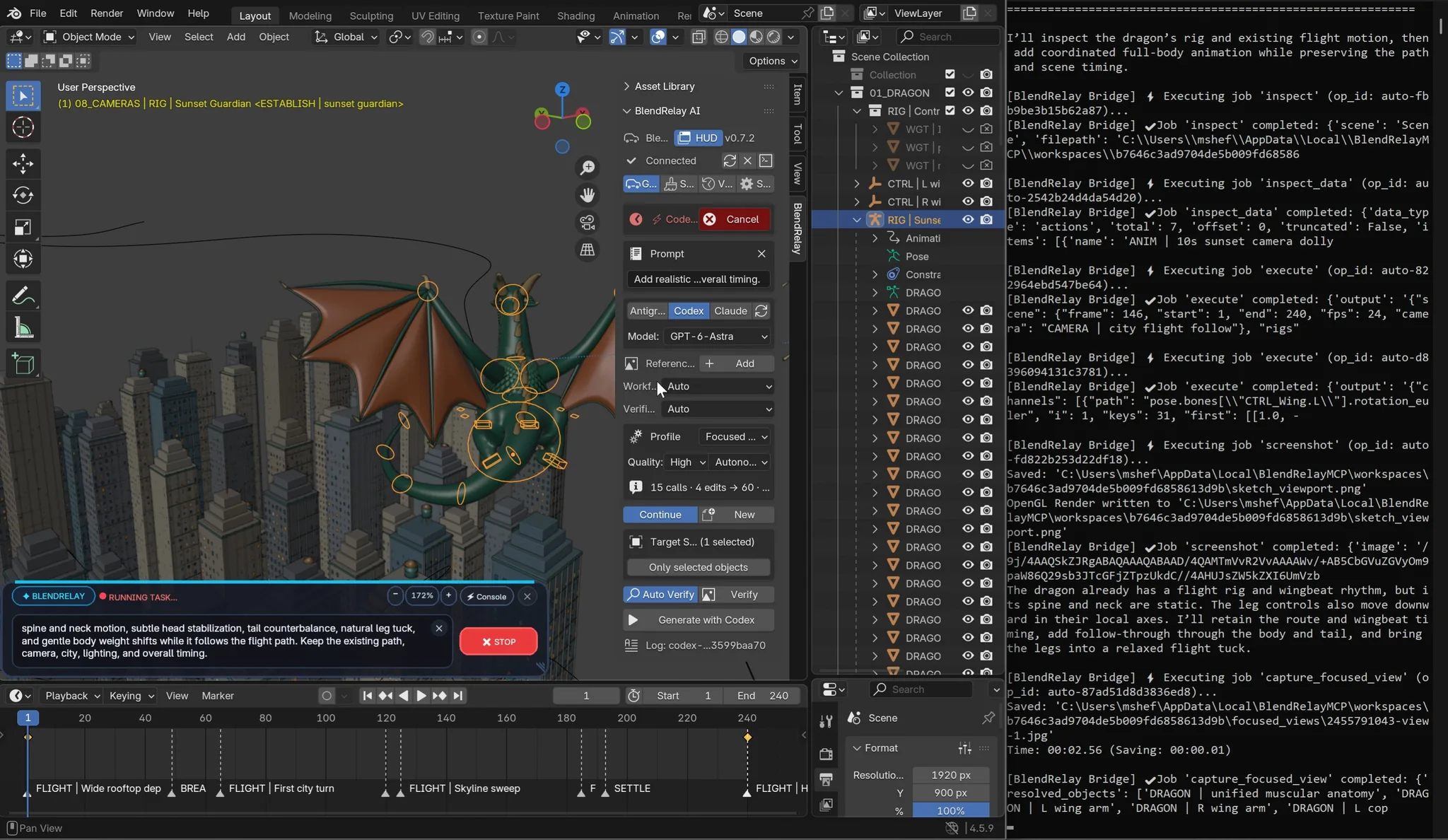 Blender timeline showing dragon flight animation over the city