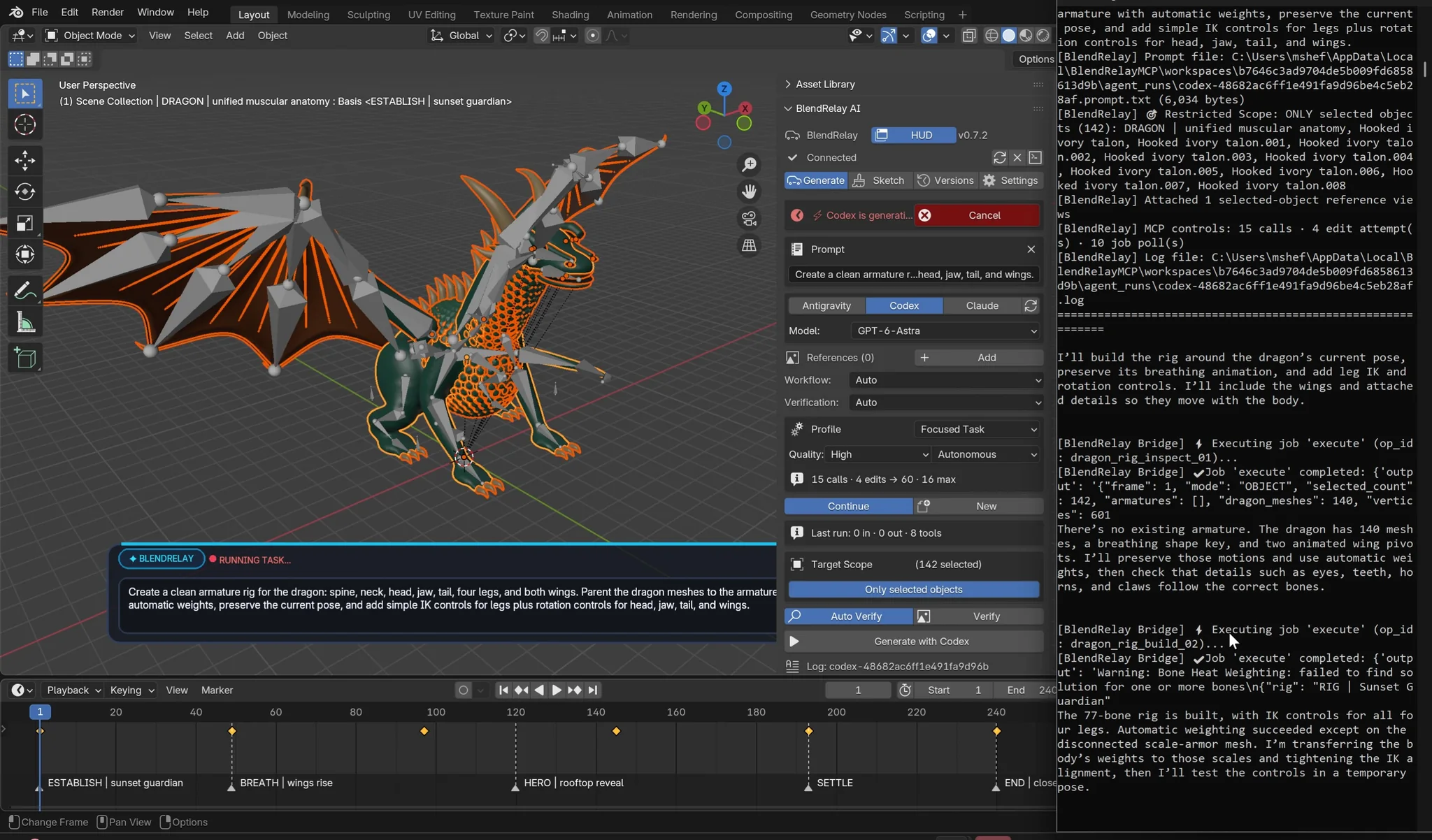 Selected dragon in Blender with a generated armature rig