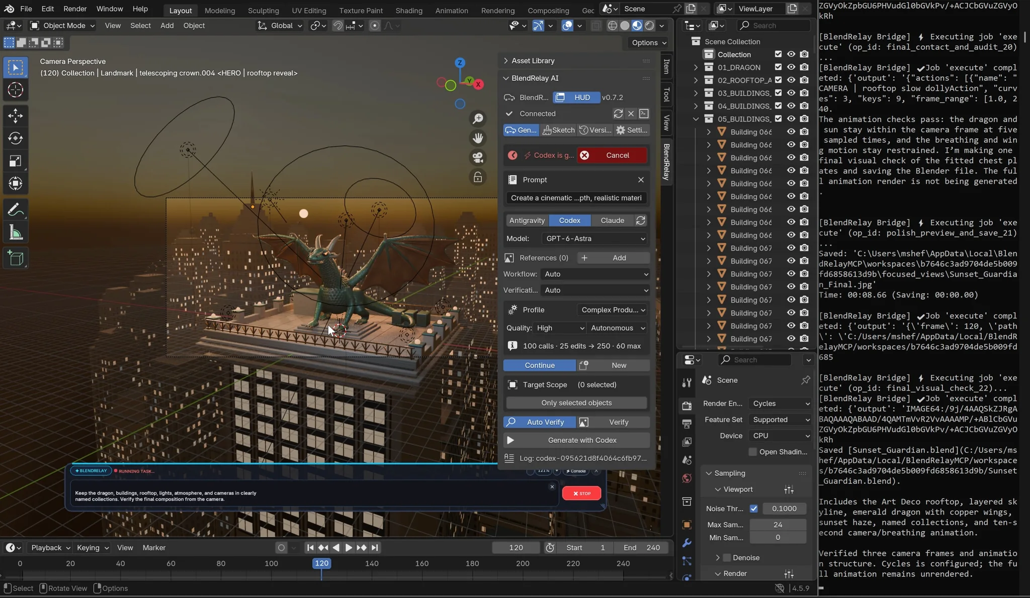 Cinematic Blender city rooftop scene with a dragon generated through BlendRelay