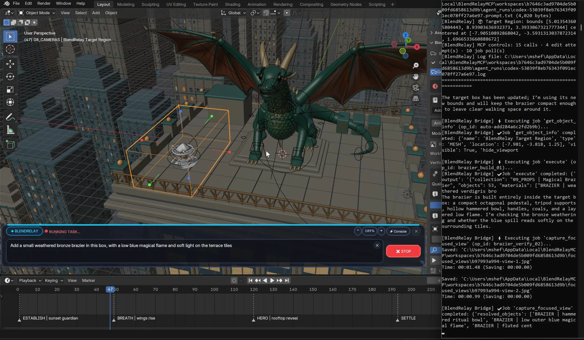 Dragon rooftop scene in Blender with a target box marking a brazier location