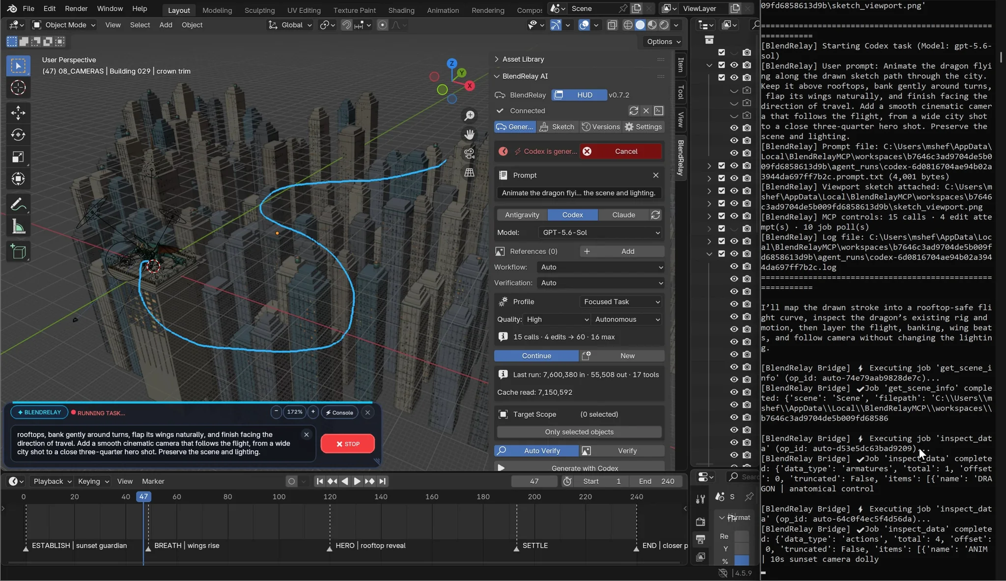 Blender city scene with a blue viewport sketch guiding camera framing